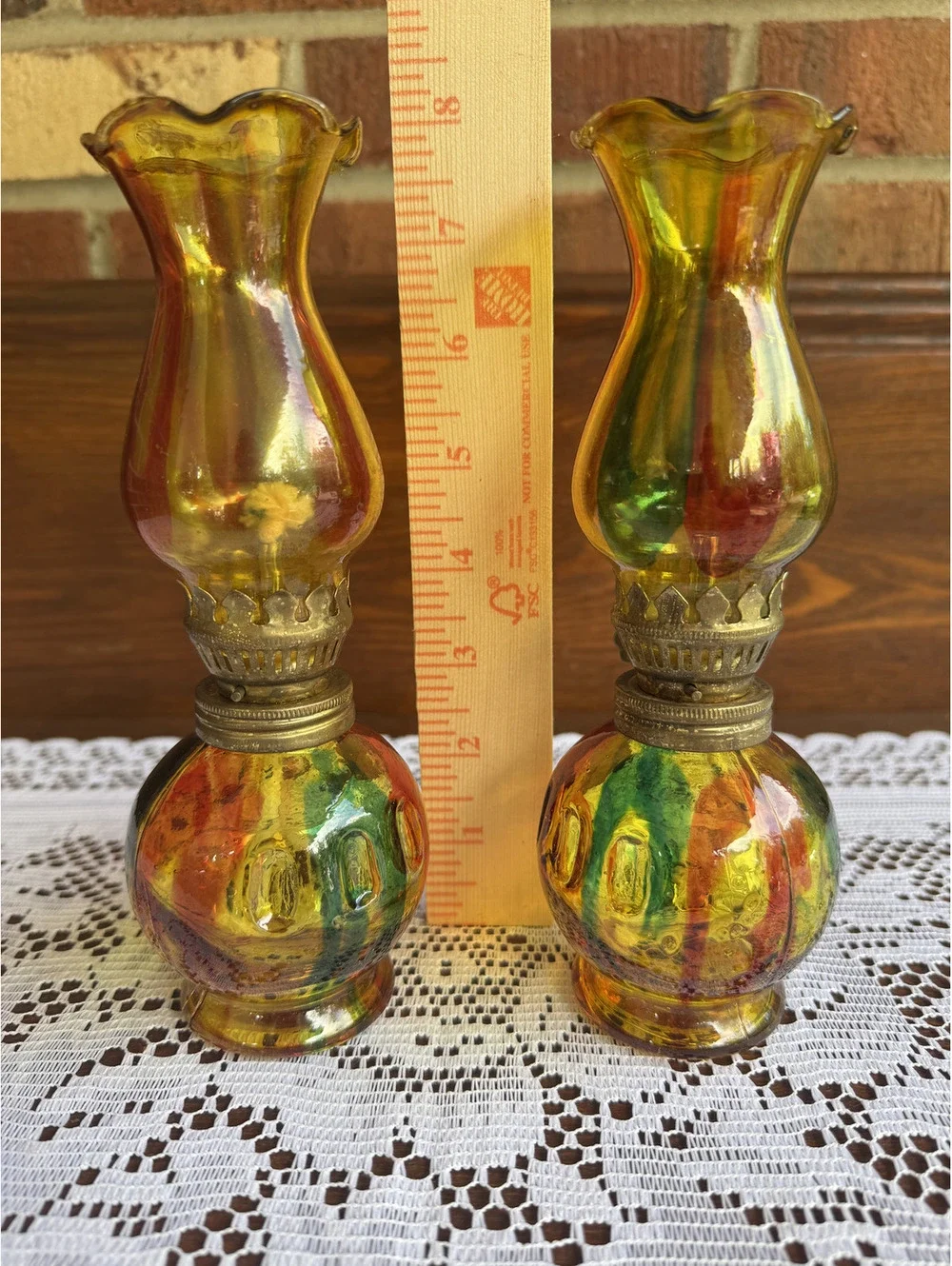 Pair of Vintage Colorful Vintage Glass Oil Lamps